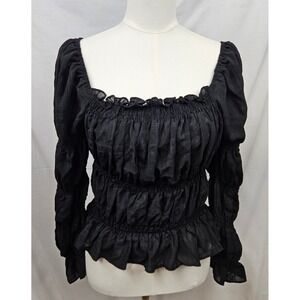 Mele E Pere Black Smocked Square Neck‎ Blouse Ruched Sleeve M Boho Fairycore